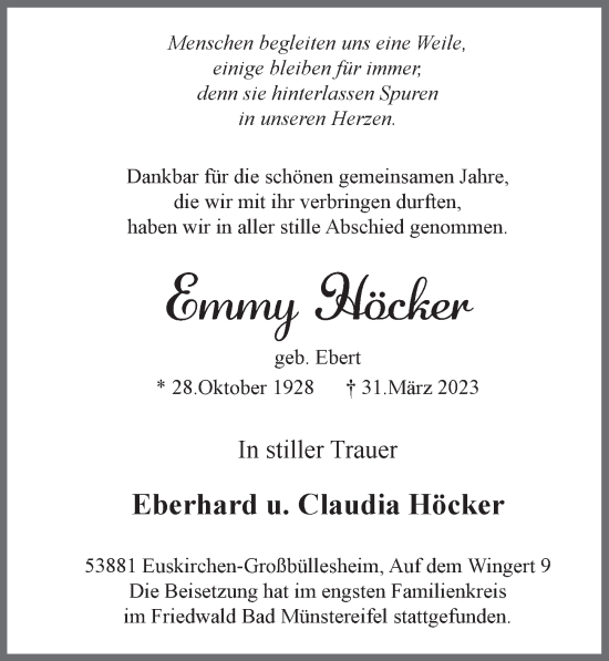 Anzeige von Emmy Höcker von  Blickpunkt Euskirchen 