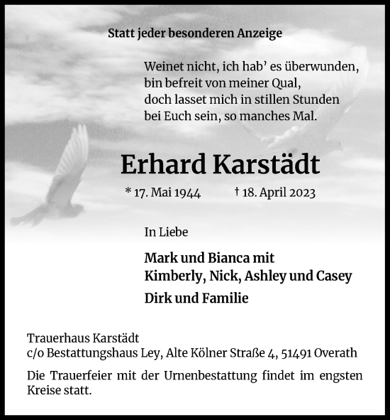 Anzeige von Erhard Karstädt von Kölner Stadt-Anzeiger / Kölnische Rundschau / Express