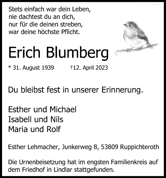 Anzeige von Erich Blumberg von Kölner Stadt-Anzeiger / Kölnische Rundschau / Express