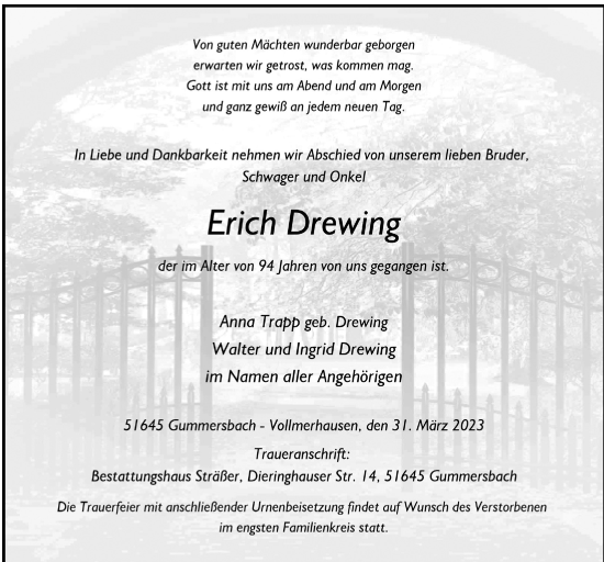 Anzeige von Erich Drewing von  Anzeigen Echo 