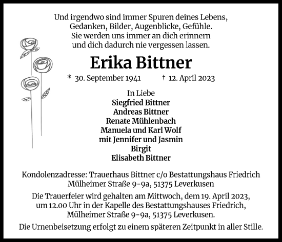 Anzeige von Erika Bittner von Kölner Stadt-Anzeiger / Kölnische Rundschau / Express