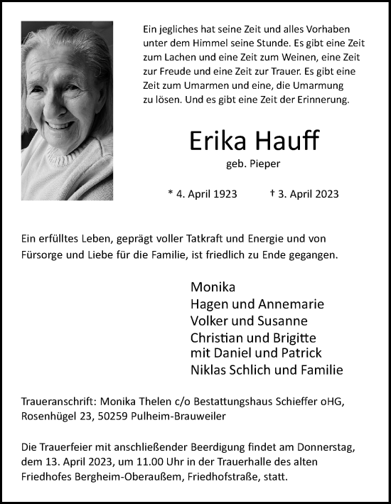 Anzeige von Erika Hauff von Kölner Stadt-Anzeiger / Kölnische Rundschau / Express