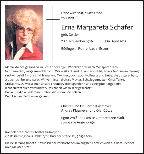 Anzeige von Erna Margareta Schäfer von Kölner Stadt-Anzeiger / Kölnische Rundschau / Express