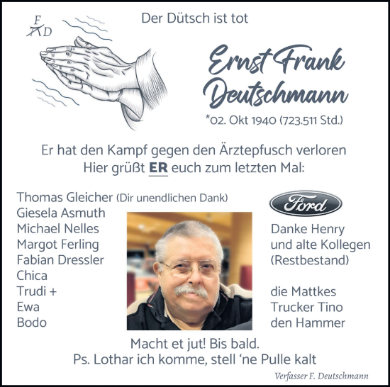 Anzeige von Ernst Frank Deutschmann von Kölner Stadt-Anzeiger / Kölnische Rundschau / Express