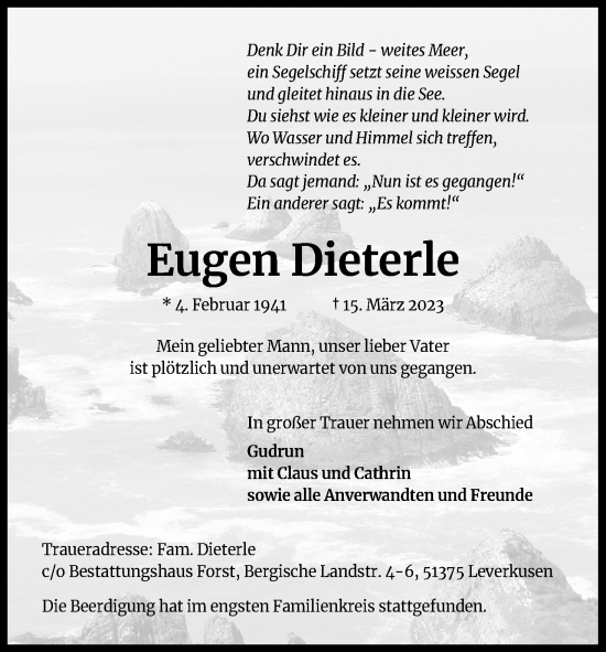 Anzeige von Eugen Dieterle von Kölner Stadt-Anzeiger / Kölnische Rundschau / Express