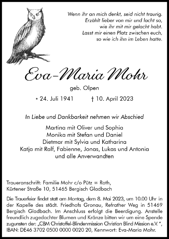 Anzeige von Eva-Maria Mohr von  Bergisches Handelsblatt 