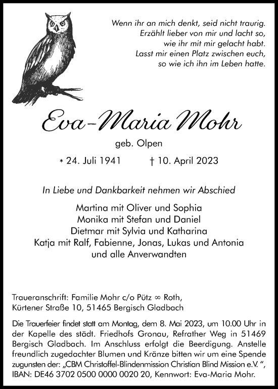 Anzeige von Eva-Maria Mohr von Kölner Stadt-Anzeiger / Kölnische Rundschau / Express