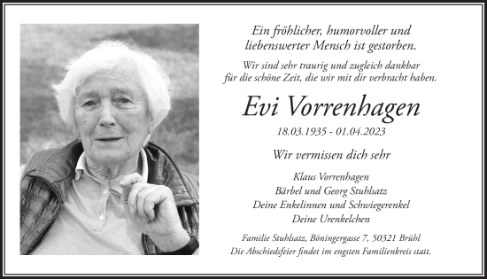 Anzeige von Evi Vorrenhagen von  Schlossbote/Werbekurier 