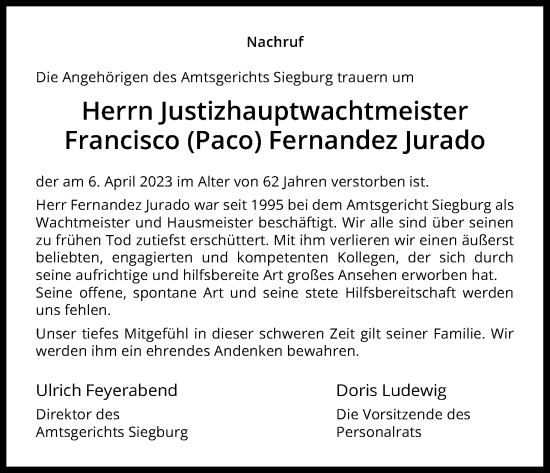 Anzeige von Francisco Fernandez  Jurado von Kölner Stadt-Anzeiger / Kölnische Rundschau / Express