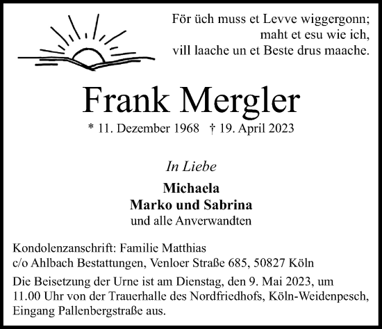 Anzeige von Frank Mergler von Kölner Stadt-Anzeiger / Kölnische Rundschau / Express
