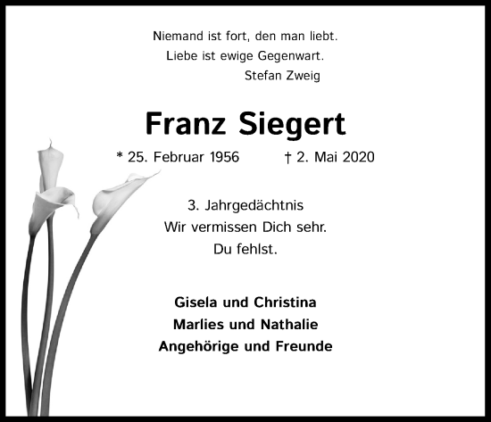 Anzeige von Franz Siegert von Kölner Stadt-Anzeiger / Kölnische Rundschau / Express