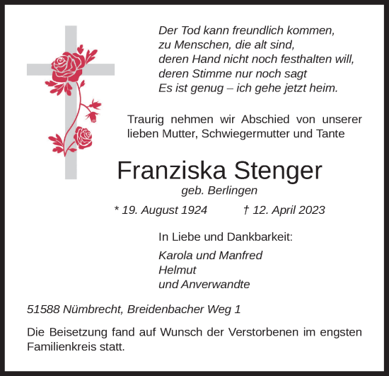 Anzeige von Franziska Stenger von Kölner Stadt-Anzeiger / Kölnische Rundschau / Express