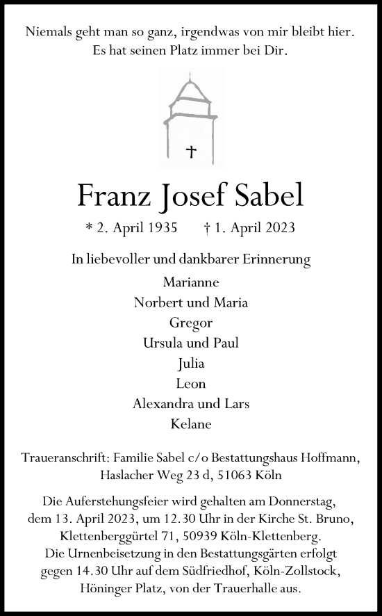 Anzeige von Franz Josef Sabel von Kölner Stadt-Anzeiger / Kölnische Rundschau / Express