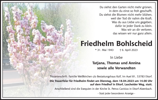 Anzeige von Friedhelm Bohlscheid von Kölner Stadt-Anzeiger / Kölnische Rundschau / Express
