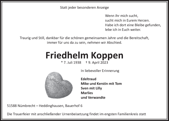 Anzeige von Friedhelm Koppen von  Anzeigen Echo  Lokalanzeiger 