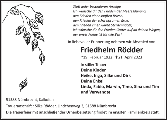 Anzeige von Friedhelm Rödder von  Anzeigen Echo  Lokalanzeiger 