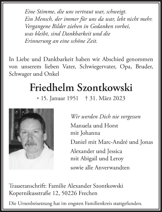 Anzeige von Friedhelm Szontkowski von  Wochenende 
