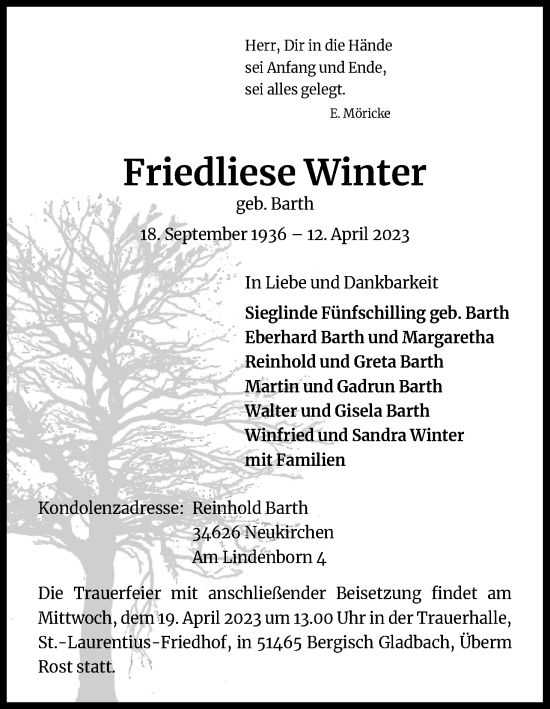 Anzeige von Friedliese Winter von Kölner Stadt-Anzeiger / Kölnische Rundschau / Express