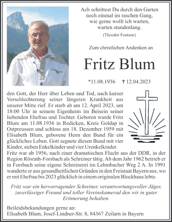 Anzeige von Fritz Blum von Kölner Stadt-Anzeiger / Kölnische Rundschau / Express