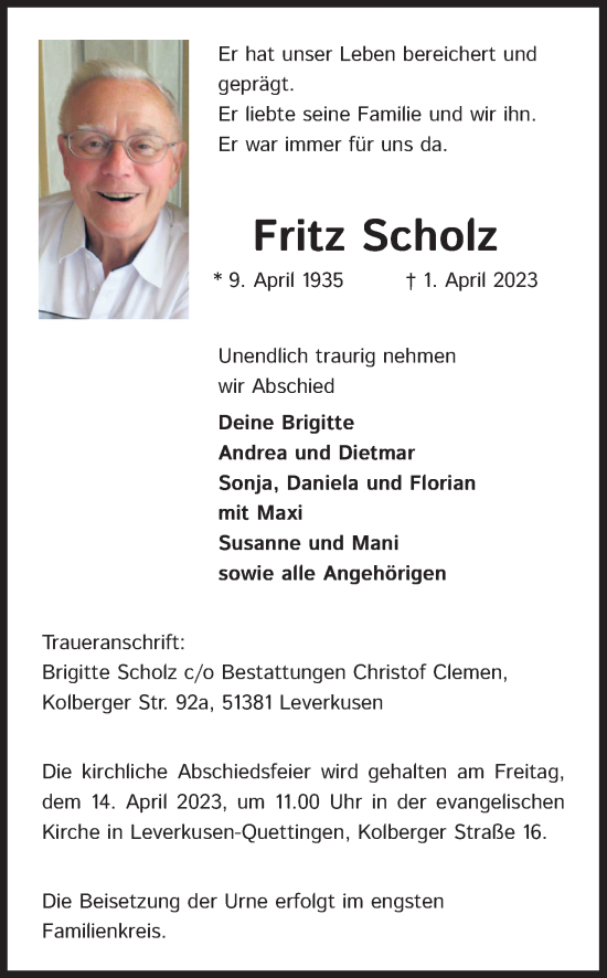 Anzeige von Fritz Scholz von Kölner Stadt-Anzeiger / Kölnische Rundschau / Express