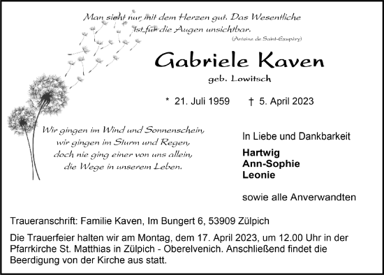 Anzeige von Gabriele Kaven von  Blickpunkt Euskirchen 