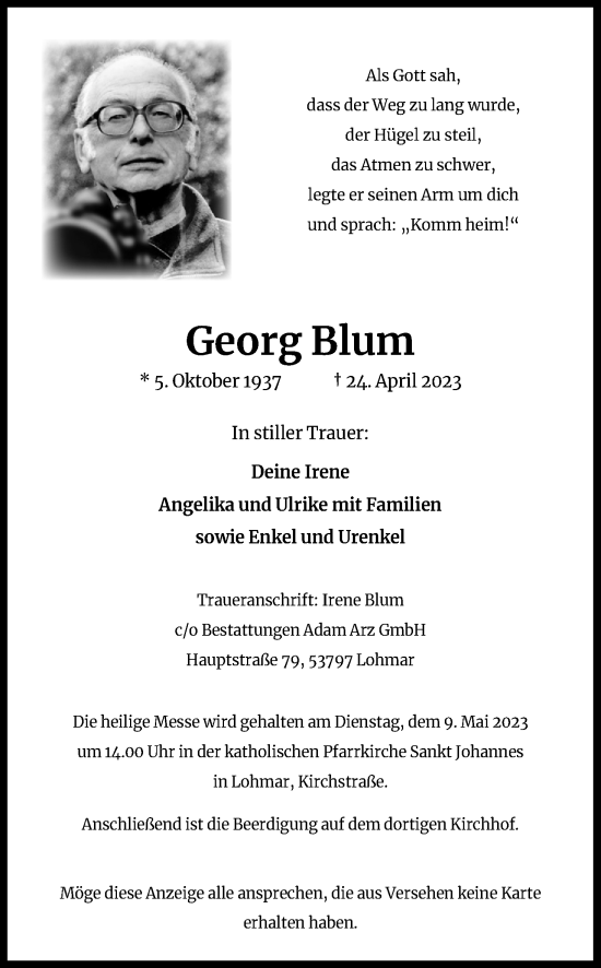 Anzeige von Georg Blum von Kölner Stadt-Anzeiger / Kölnische Rundschau / Express
