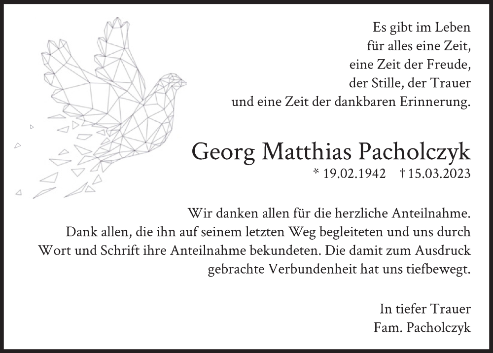 Traueranzeige für Georg Matthias Pacholczyk vom 21.04.2023 aus  EXPRESS - Die Woche 