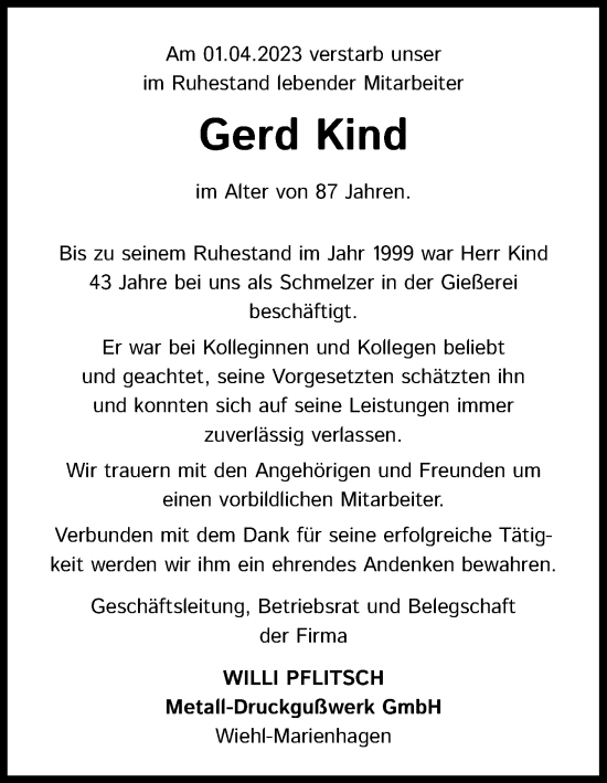 Anzeige von Gerd Kind von Kölner Stadt-Anzeiger / Kölnische Rundschau / Express