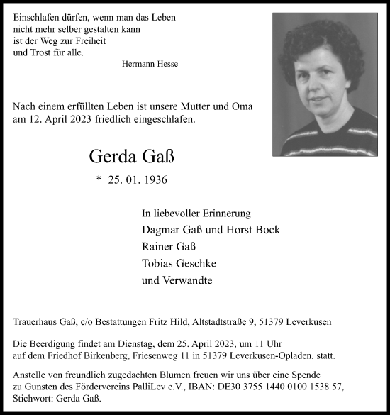 Anzeige von Gerda Gaß von Kölner Stadt-Anzeiger / Kölnische Rundschau / Express