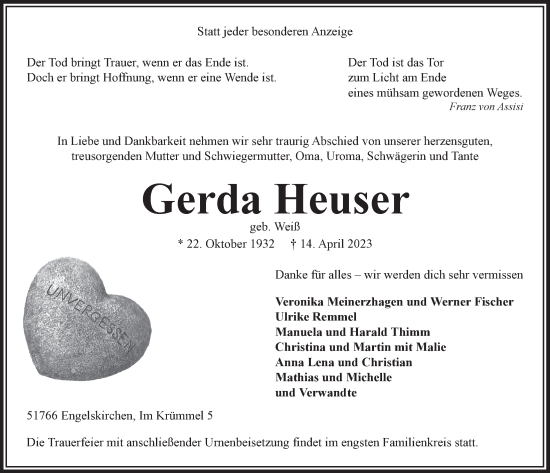 Anzeige von Gerda Heuser von  Anzeigen Echo 