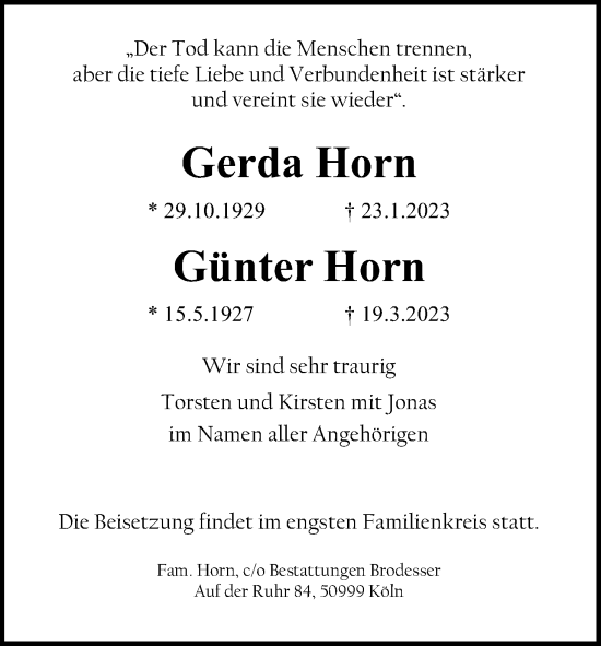 Anzeige von Gerda Horn von Kölner Stadt-Anzeiger / Kölnische Rundschau / Express