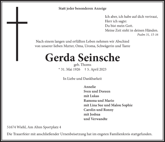 Anzeige von Gerda Seinsche von  Anzeigen Echo 