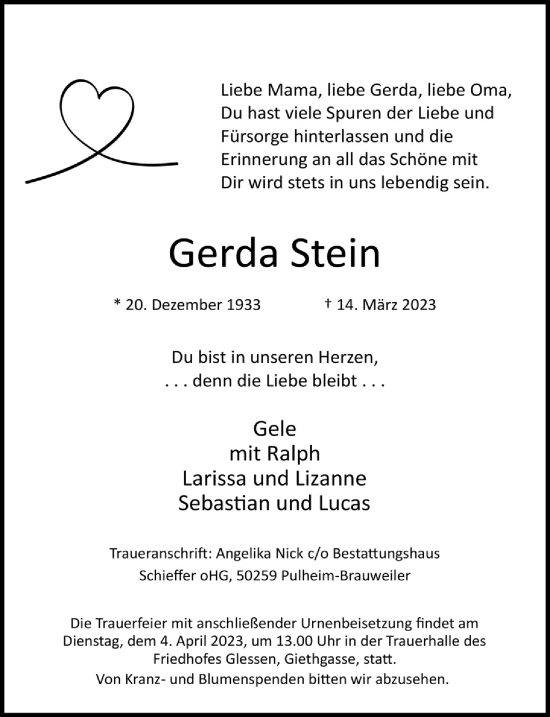 Anzeige von Gerda Stein von  Werbepost 