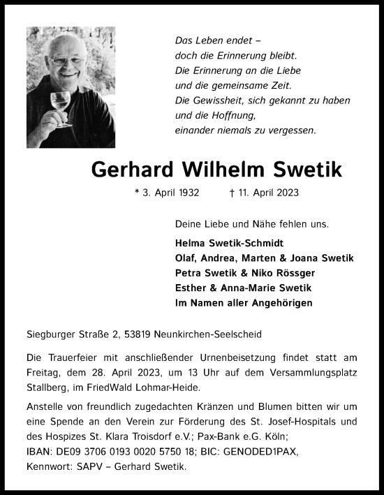 Anzeige von Gerhard Wilhelm Swetik von Kölner Stadt-Anzeiger / Kölnische Rundschau / Express