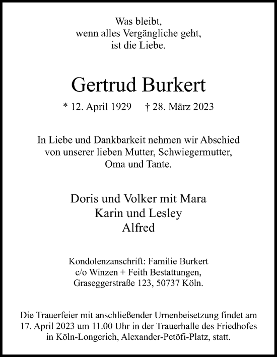 Anzeige von Gertrud Burkert von Kölner Stadt-Anzeiger / Kölnische Rundschau / Express