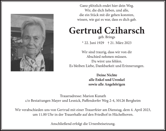 Anzeige von Gertrud Cziharsch von  Werbepost 