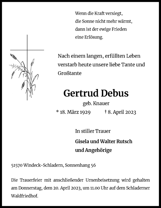 Anzeige von Gertrud Debus von Kölner Stadt-Anzeiger / Kölnische Rundschau / Express