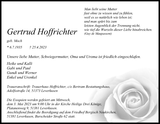 Anzeige von Gertrud Hoffrichter von Kölner Stadt-Anzeiger / Kölnische Rundschau / Express