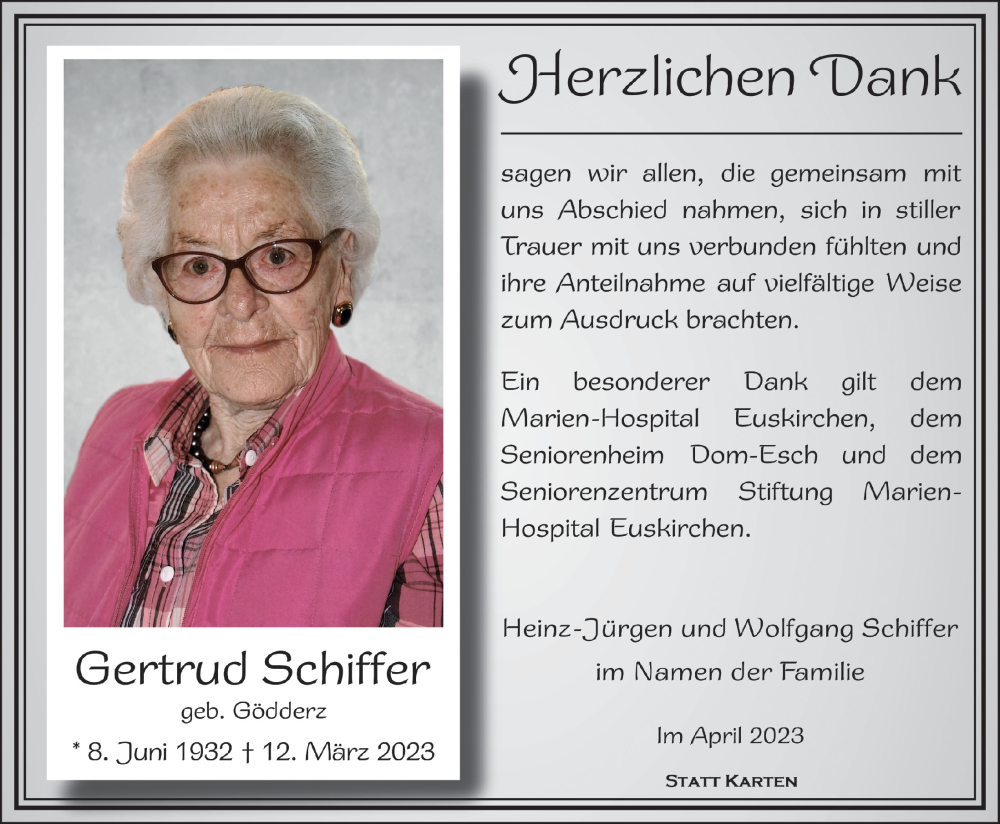  Traueranzeige für Gertrud Schiffer vom 15.04.2023 aus  Blickpunkt Euskirchen 