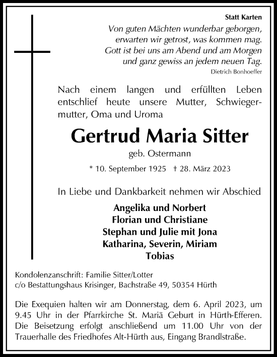 Anzeige von Gertrud Maria Sitter von Kölner Stadt-Anzeiger / Kölnische Rundschau / Express