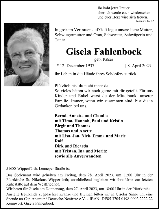 Anzeige von Gisela Fahlenbock von Kölner Stadt-Anzeiger / Kölnische Rundschau / Express