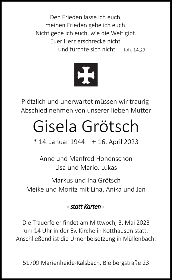 Anzeige von Gisela Grötsch von  Anzeigen Echo 