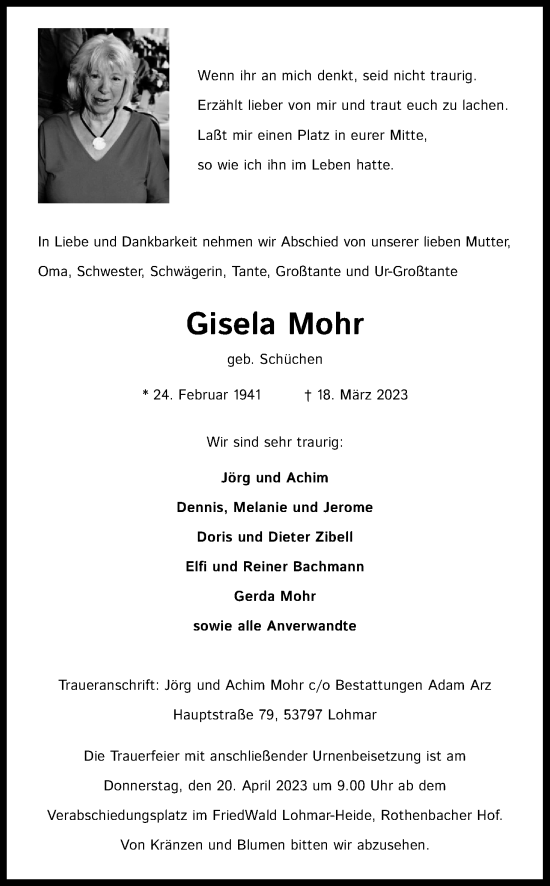 Anzeige von Gisela Mohr von Kölner Stadt-Anzeiger / Kölnische Rundschau / Express