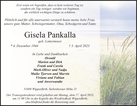 Anzeige von Gisela Pankalla von Kölner Stadt-Anzeiger / Kölnische Rundschau / Express