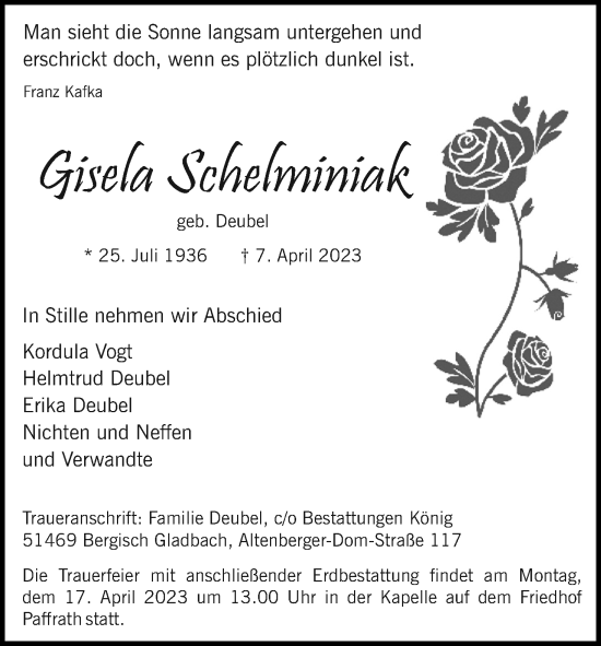 Anzeige von Gisela Schelminiak von Kölner Stadt-Anzeiger / Kölnische Rundschau / Express