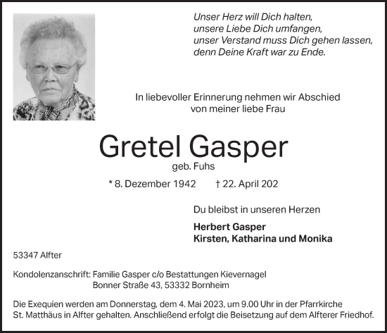 Anzeige von Gretel Gasper von  Schaufenster/Blickpunkt 