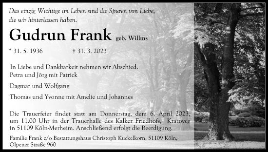 Anzeige von Gudrun Frank von Kölner Stadt-Anzeiger / Kölnische Rundschau / Express