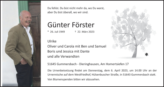 Anzeige von Günter Förster von  Anzeigen Echo 