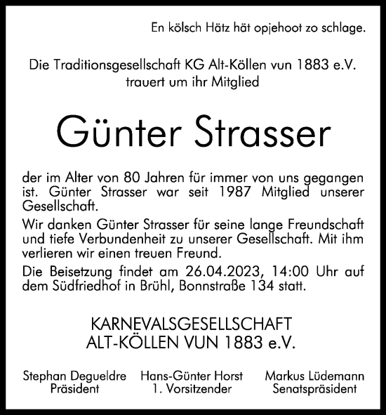 Anzeige von Günter Strasser von Kölner Stadt-Anzeiger / Kölnische Rundschau / Express