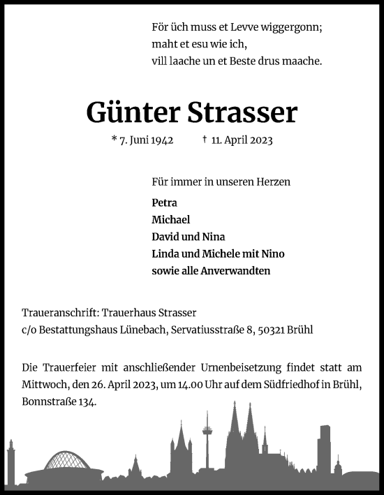 Anzeige von Günter Strasser von Kölner Stadt-Anzeiger / Kölnische Rundschau / Express